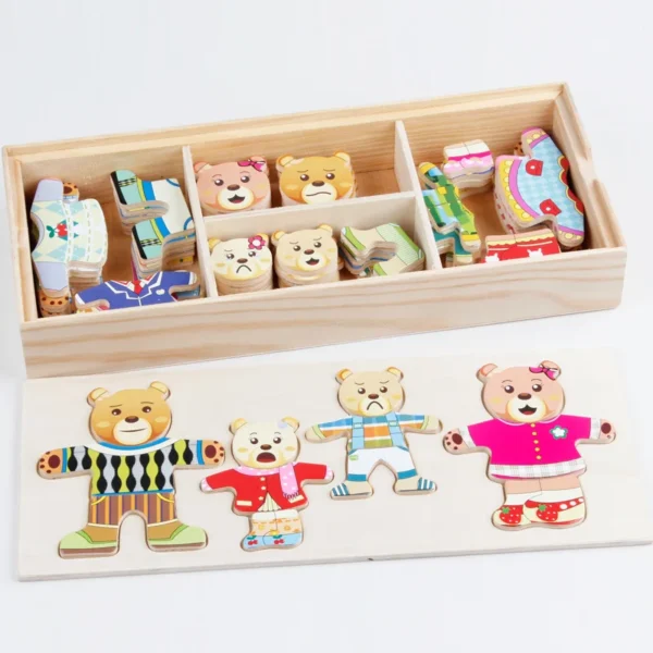 Montessori Little Bears Dress-Up Puzzle– Wooden Jigsaw Fun for Imaginative Play