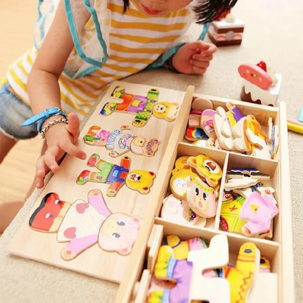 Montessori Little Bears Dress-Up Puzzle– Wooden Jigsaw Fun for Imaginative Play