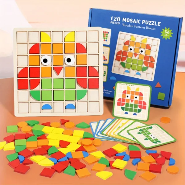 Montessori Wooden Mosaic Puzzle – 120-Piece Creative Shape Learning Set