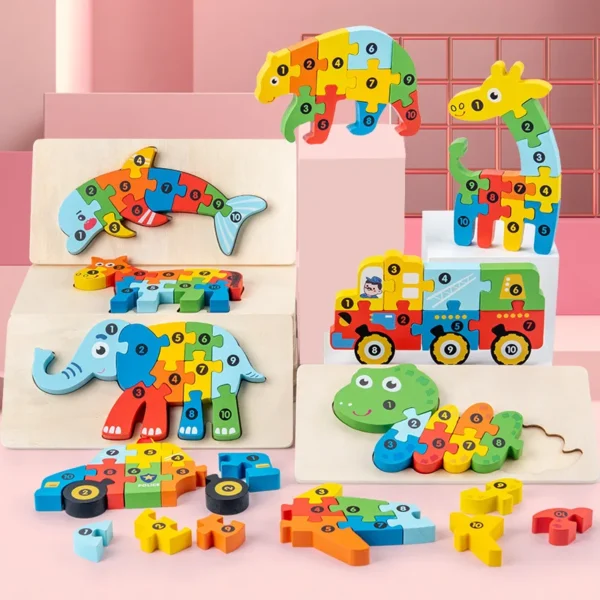 3D Stereoscopic Montessori Wooden Puzzle Cartoon Dinosaur Animal