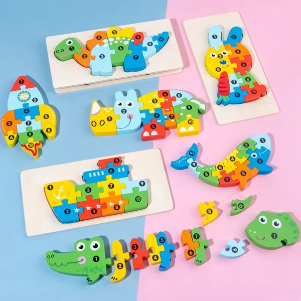 3D Stereoscopic Montessori Wooden Puzzle Cartoon Dinosaur Animal